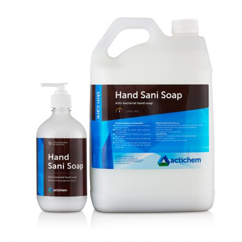 Hand sani soap anti-bacterial hand soap in group photo showing 5Lt jerrycan and 500ml lotion pump pack