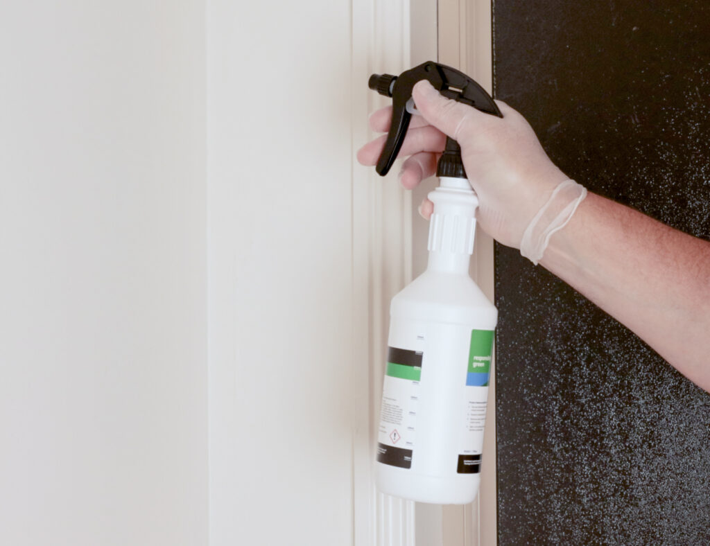 Applying mould remover onto wall