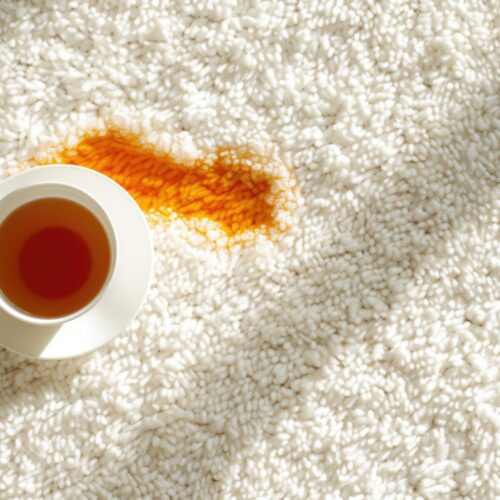 Closeup cup with spilled tea on the white carpet surface, top view angle