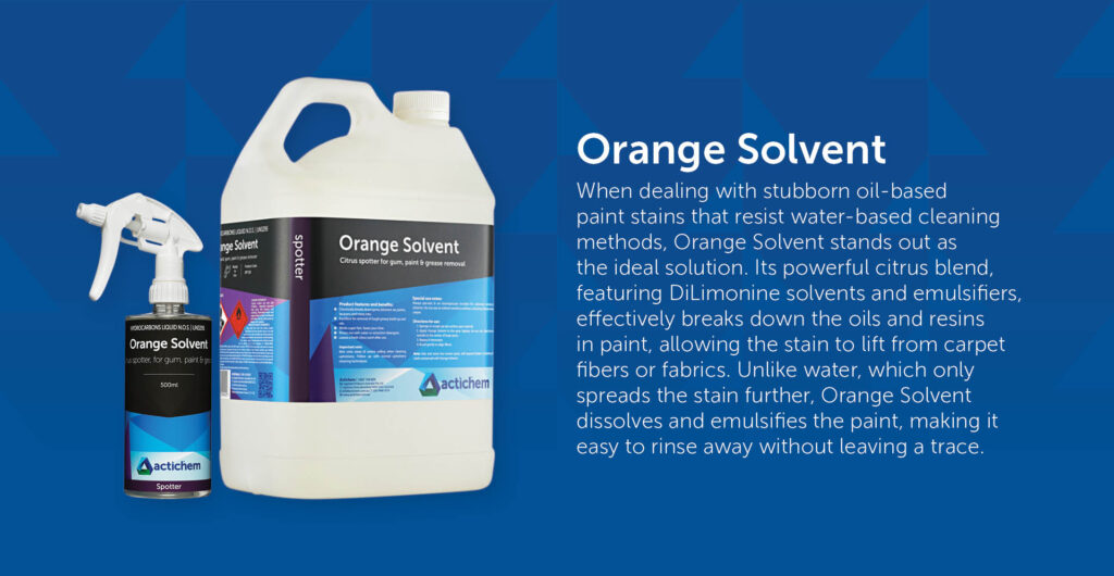 When dealing with stubborn oil-based paint stains that resist water-based cleaning methods, Orange Solvent stands out as the ideal solution. Its powerful citrus blend, featuring DiLimonine solvents and emulsifiers, effectively breaks down the oils and resins in paint, allowing the stain to lift from carpet fibers or fabrics. Unlike water, which only spreads the stain further, Orange Solvent dissolves and emulsifies the paint, making it easy to rinse away without leaving a trace.