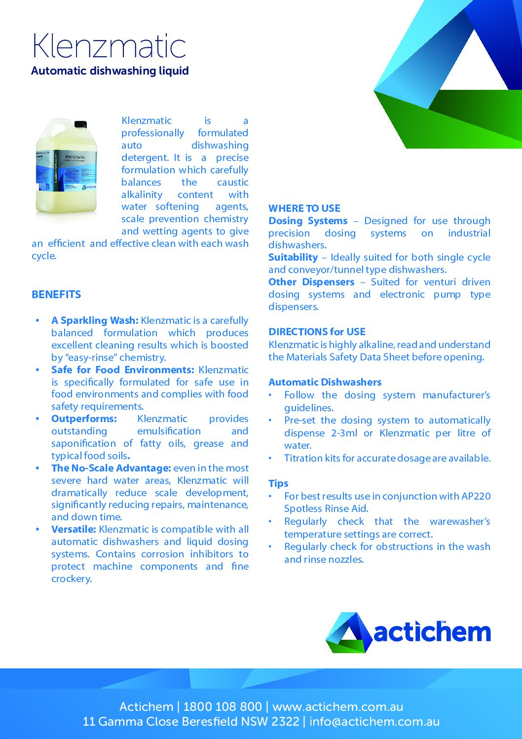 Klenzmatic | Product Data Sheet - Actichem